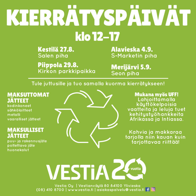 Tässä kuvassa on kerrottu kierrätyspäivien aikataulut paikkakunnittain ja Vestian yhteystiedot.